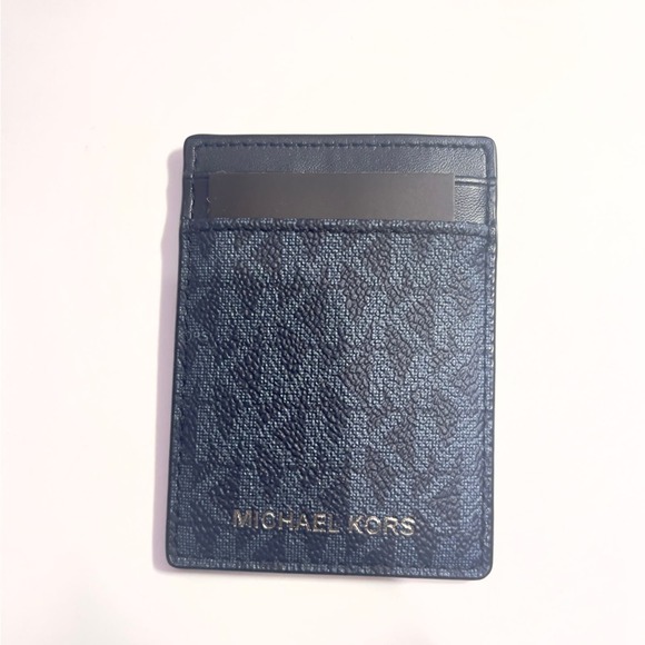 MICHAEL KORS Dark Blue Coated Canvas Monogram Card Case with Bill Clip - Picture 4 of 6